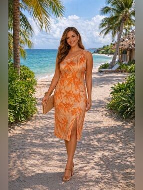 XL One-Shoulder Orange Palm-Print Satin Dress Cruise Vacatiom Resort